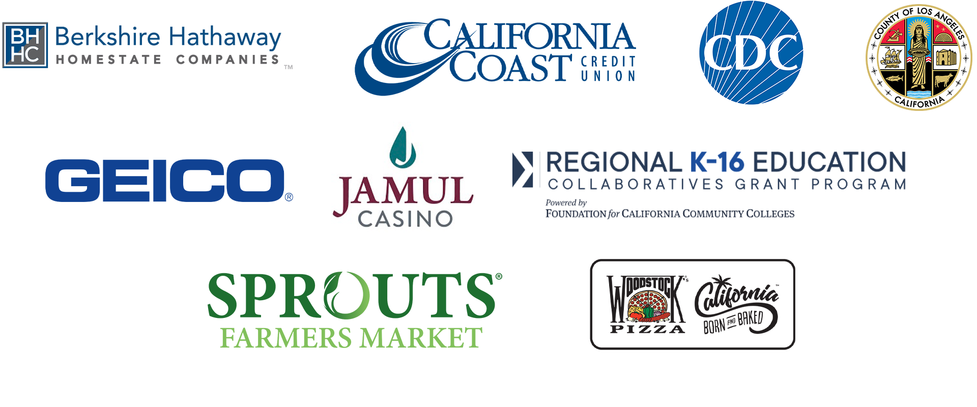 berkshire hathaway homestate companies, cal coast credit union, cdc, geico, sprouts, jamul casino, regional k-16 education, los angeles county seal, woodstocks