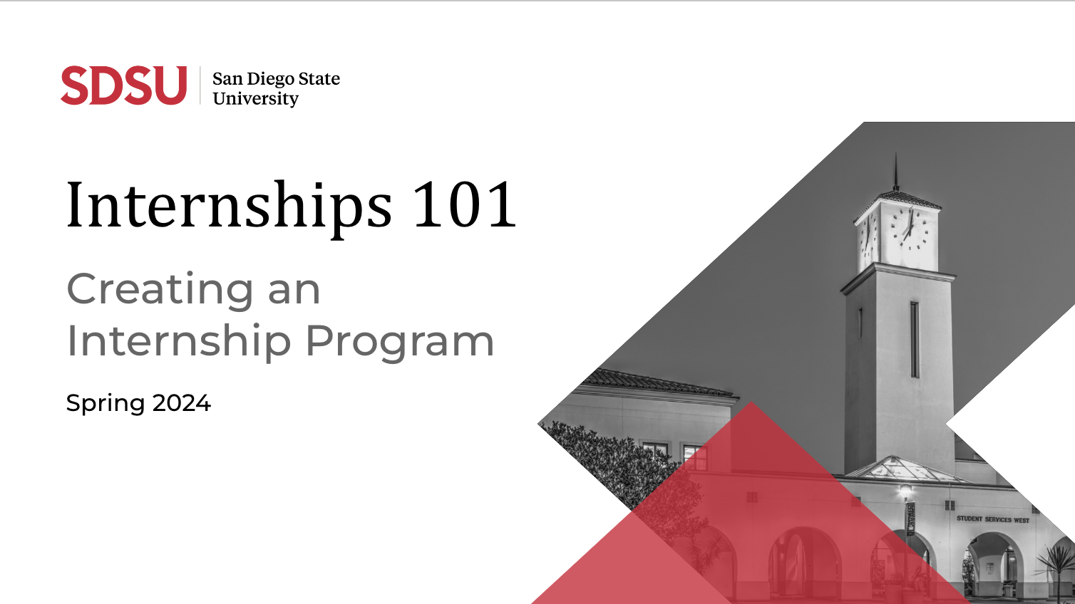 Powerpoint introduction slide that says: “Internships 101: Creating an Internship Program, Spring 2024” and contains an image of the SDSU clock tower in Student Services West. The slide also contains the SDSU logo.